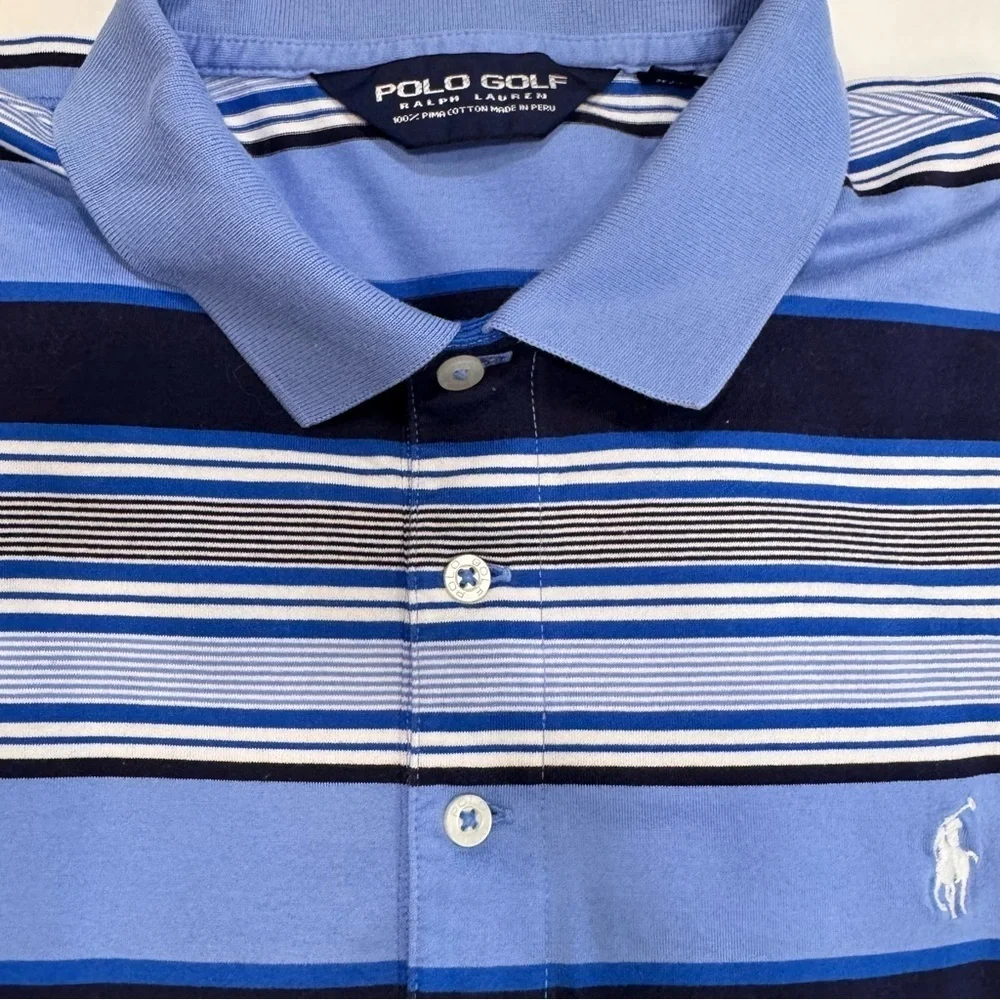 RALPH LAUREN POLO GOLF Mens Polo Shirt Blue, White, gray Stripe Sz L